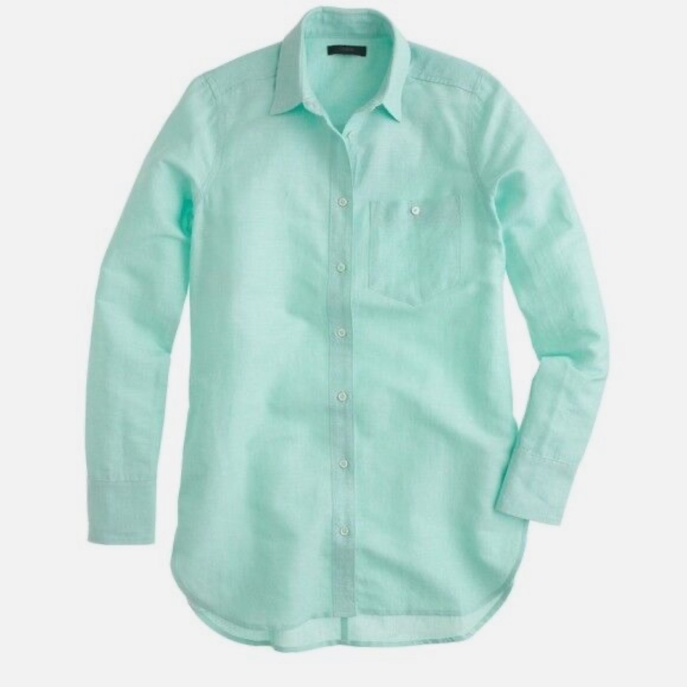 J Crew Women’s Cotton-Linen blend long sleeve button up top. Teal Size 0.